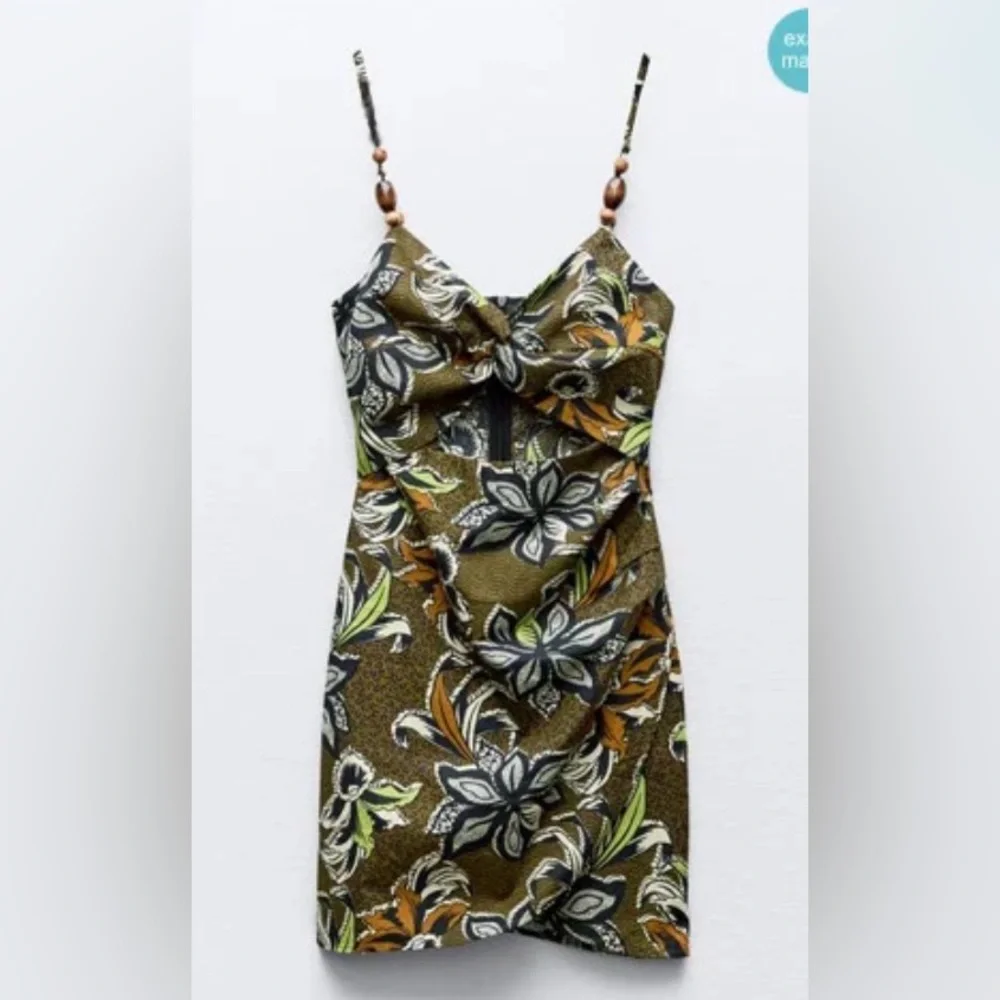 Zara Ethnic Print Beaded Floral Dress - Black, White, Green, Brown Small - Picture 2 of 16